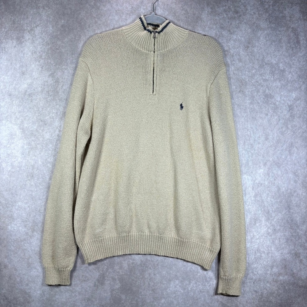 Polo Ralph Lauren Quarter Zip Sweater Mens XL Tan Pullover Ribbed Cotton Knit‎